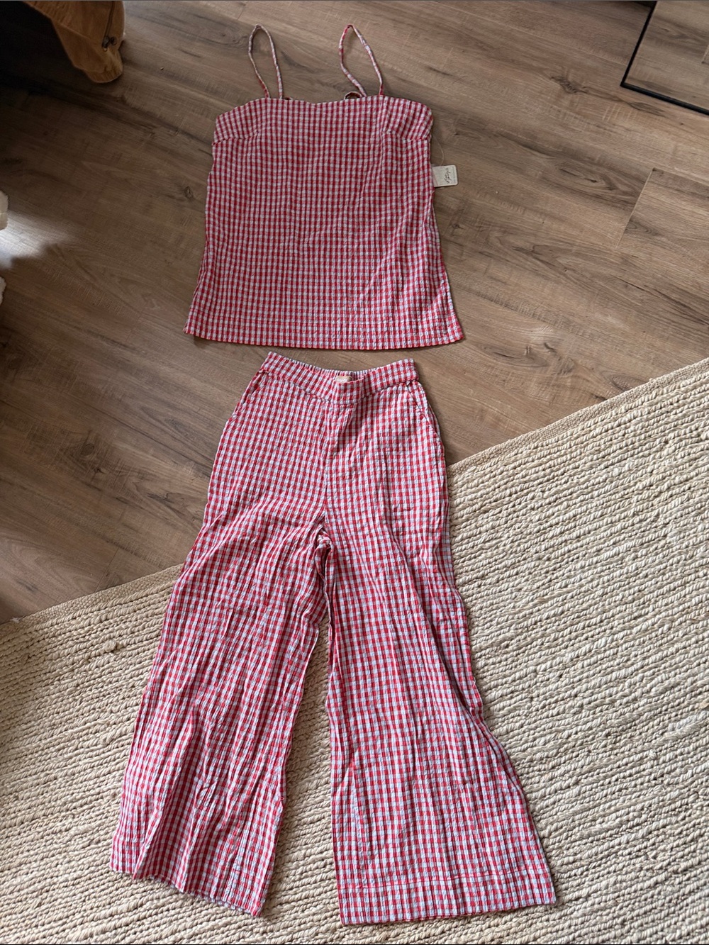 Free People Red Gingham Spaghetti-Strap Top & Wide-Leg Pajama Set